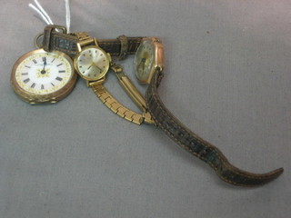 2 lady's gold cased wristwatches and a lady's gold cased fob watch