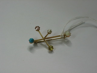 A 15ct gold bar brooch set turquoise, pearl, opal and 1 other stone