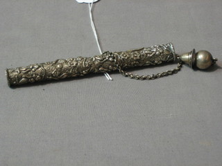 A curious Eastern embossed silver "fishing" rod with float and hook
