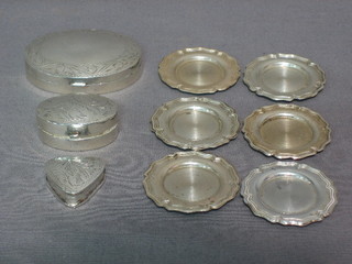 3 modern oval silver pill boxes 2" and 1" and 6 silver dolls plates 1"