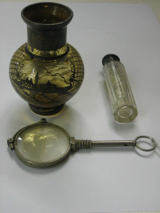 A pair of lorgnettes, a cut glass salts bottle 2" and a small circular vase 3"