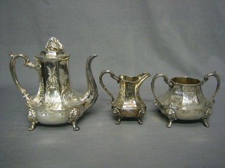 A Victorian octagonal Britannia metal 3 piece coffee service  with coffee pot, cream jug, twin handled sugar bowl