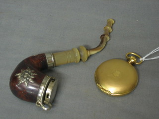 A gilt metal pocket watch contained in a full hunter case, together with a pipe