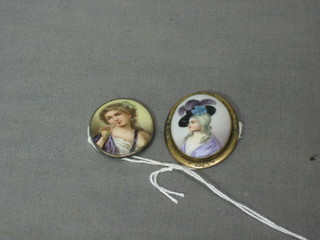 2 19th Century oval porcelain brooches decorated portraits of ladies