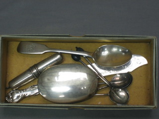 A silver butter knife, a Victorian silver spoon, 5 silver bean end coffee spoons, a Sterling folding corkscrew and a dressing table jar lid