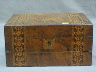 A Victorian figured walnut writing slope with inlaid decoration and hinged lid 12"