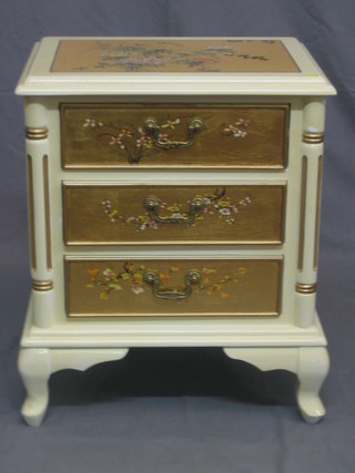 A 20th Century Oriental style white lacquered chest of 3 long drawers, raised on cabriole supports 20"