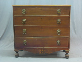 A 19th Century inlaid mahogany chest of 4 long drawers, with satinwood stringing, raised on turned supports 42"