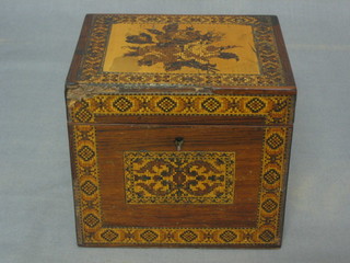 A Victorian rosewood and Tunbridge ware caddy  with hinged lid with floral panel (slight damage to the corner) 5"