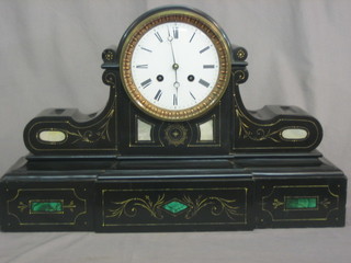 A Victorian French 8 day striking mantel clock with enamelled dial and Roman numerals contained in a circular marble case 20"