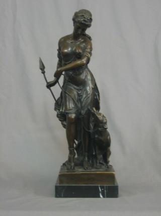 A modern reproduction bronze figure in the form of a  classical lady with dog, raised on a square marble base 22"