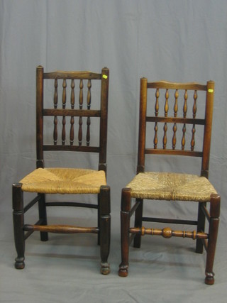 A harlequin set of 4 elm stick and rail back dining chairs with woven rush seats