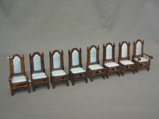 A dolls house set of 8 oak high back dining chairs - 2 carvers, 6 standard