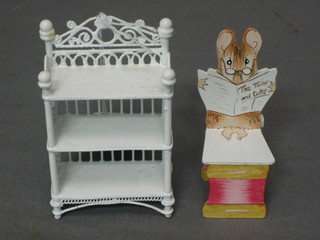 A dolls house white painted metal 3 tier open bookcase 2" and a childs chair