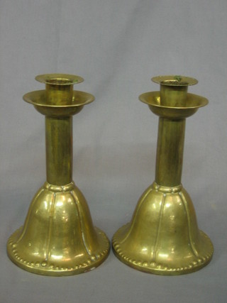 A pair of German brass club shaped candlesticks, base marked Karllnburg 9"