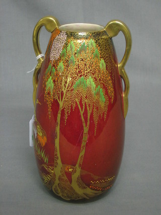 A Carltonware Rouge Royal twin handled vase, base impressed 1694, 8" and a circular green glazed Carltonware vase decorated a spiders web 2"