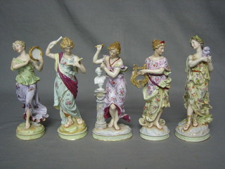 A set of 5 porcelain figures depicting The Arts 8 1/2" (one with finger f)
