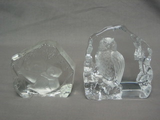A glass sculpture of an owl, the base signed Mats Jonasson 5" together with a Goebal glass sculpture of 2 Koala bears 5"