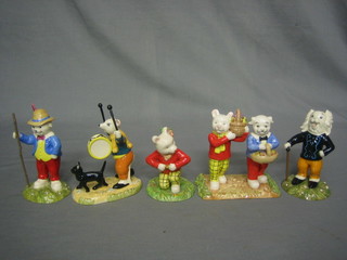 5 Royal Doulton Rupert The Bear figures - Algy Pug Looking Like Robin Hood, Where Did You Get Such Fruit, Rupert and the Little Sea Sprite, Banging on His Drum, Pong Ping Leading the Way