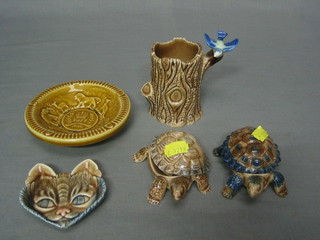 2 Wade figures of tortoises, a Wade ashtray in the form of a cat, and a vase in the form of a tree stump 3 1/2"