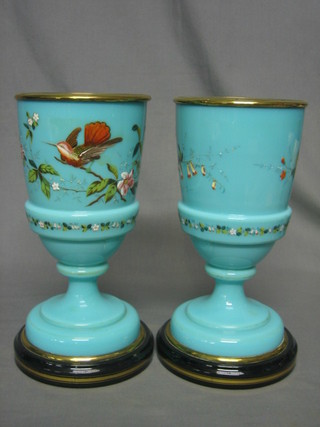 A pair of Victorian turquoise glass oil lamp bases decorated birds 11"