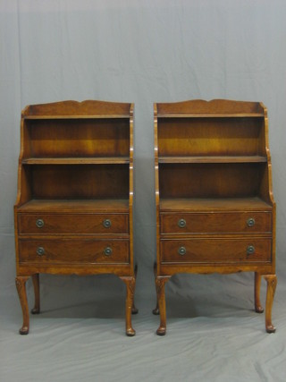 A pair of Queen Anne style walnut bookcases, the bases fitted 2 long drawers, raised on cabriole supports