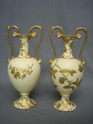 A  pair of Edwardian Worcester style blush ivory twin handled vases 14"