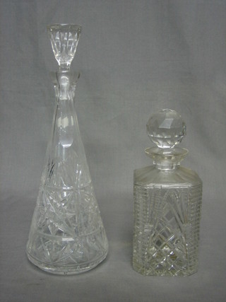 A square cut glass spirit decanter and a cut glass mallet shaped decanter and stopper