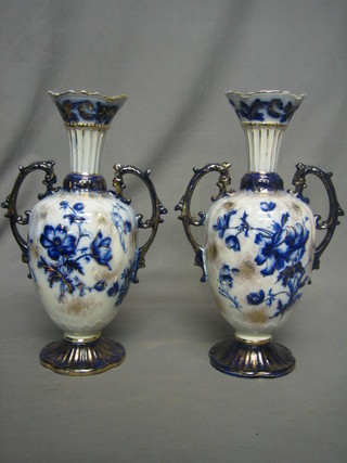 A pair of Edwardian twin handled Flo Bleu pattern vases 14"