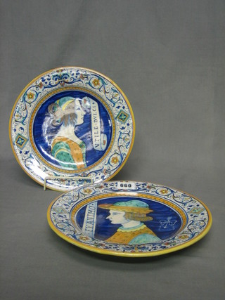 A pair of Majolica style pottery wall plates, the reverse marked Made In Italy Derydi? 10"