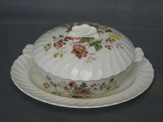 A circular Clarice Cliff Chelsea Rose pattern twin handled tureen and cover and a matching meat plate