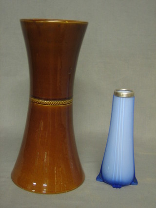 An opaque blue glass vase with silver mount 8" together with waisted brown pottery vase 13 1/2"