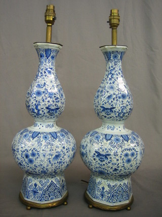 A pair of "Delft" double gourd shaped vases converted for use as electric table lamps 19"