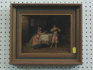 An 18th/19th Century oil painting on canvas "Interior Scene with Seated Lady and Minstrel" 6" x 8"