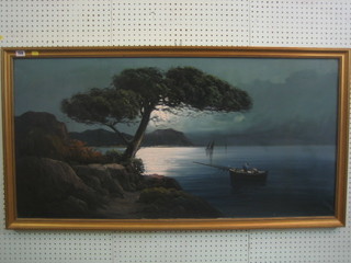 A Continental oil on canvas "Moonlit Seascape with Harbour Tree and Figures" 33" x 47" indistinctly signed