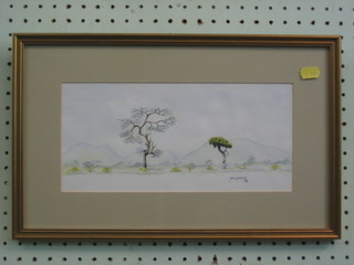 John  Peas, South African School, watercolour drawing "Trees by a Mountain" 5" x 3"