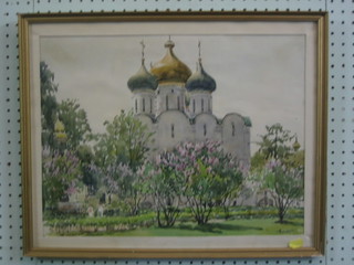Russian School, watercolour drawing "Church", signed 14" x 18"