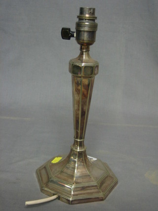 An octagonal silver plated table lamp 11"