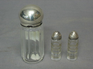 A circular faceted glass dressing table jar with silver lid together with 2 small glass "perfume" bottles