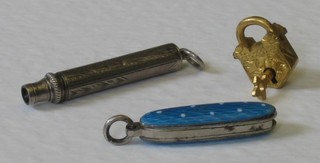 A "silver" and blue enamel miniature button hook, a miniature silver propelling pencil and a gilt metal padlock and key