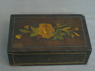 A wooden box with hinged lid, inlaid floral decoration