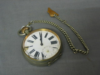 A large Goliath type pocket watch with enamelled dial and Roman numerals (f), the reverse marked Taylor hung on a curb link chain