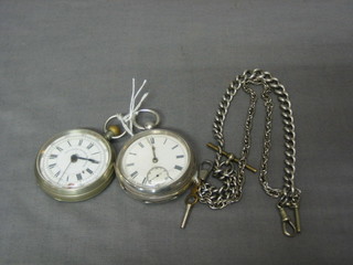 A silver cased pocket watch, a stop watch (f) and 2 watch chains