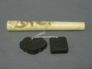 A carved ivory parasol handle decorated a monkey 6" and 2 carved Eastern hardwood panels