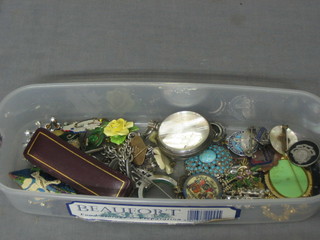 A silver pocket watch case and a curb link watch chain and a collection of costume jewellery, brooches etc
