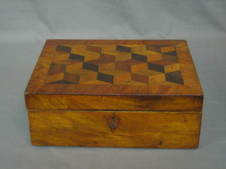 A 19th Century rectangular mahogany trinket box with hinged lid and parquetry decoration, 12"