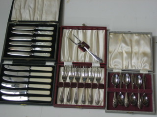 A set of 6 silver plated fruit knives with mother of pearl handles,  1 other set of fruit knives, a set of 6 silver plated pastry forks and a set of 6 silver teaspoons, all cased