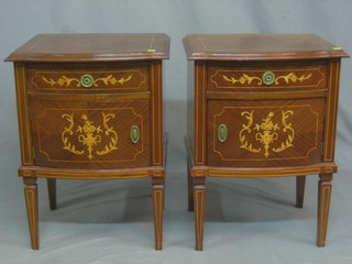 A pair of French style inlaid mahogany bedside cupboards, fitted a drawer above a cupboard, raised on square tapering supports 19"