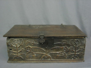 A 17th/18th Century carved oak bible box with hinged lid and iron lock (hinge f) 35"