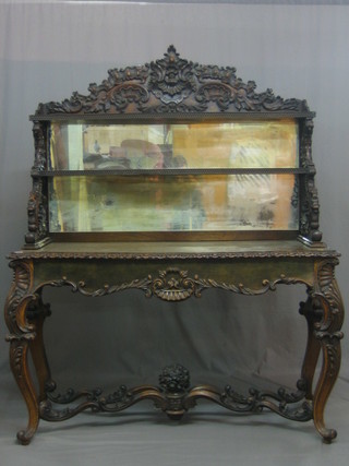 A 19th Century Colonial hardwood buffet, with raised mirrored back fitted 2 bow front shelves, the base of serpentine outline and fitted 1 long drawer with H framed stretcher, raised on cabriole supports 55"